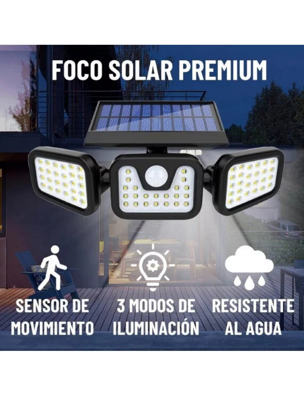 Lampara Led Solar 3 Cabezales Con Sensor De Movimiento