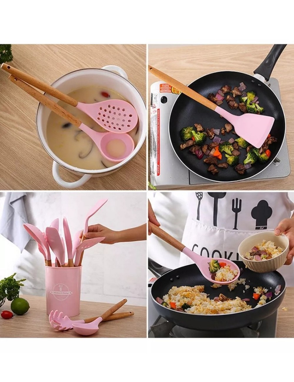 Set 12 Utensilios De Cocina Silicona Resistente Calor Rosa
