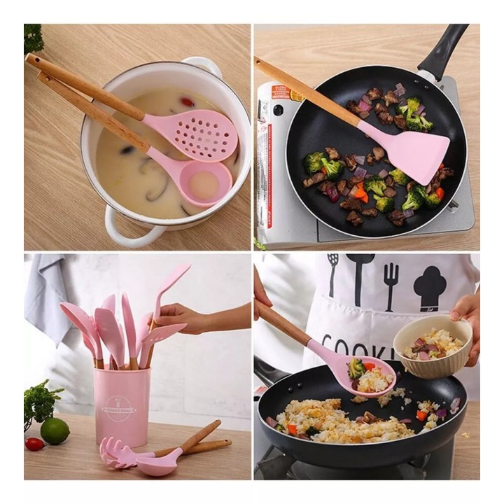 Set 12 Utensilios De Cocina Silicona Resistente Calor Rosa