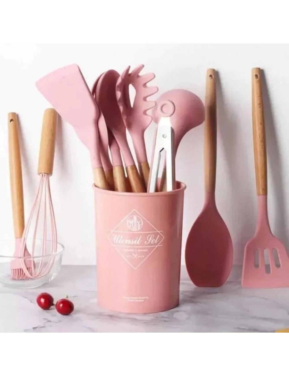 Set 12 Utensilios De Cocina Silicona Resistente Calor Rosa
