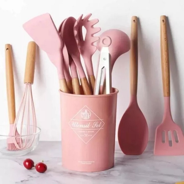 Set 12 Utensilios De Cocina Silicona Resistente Calor Rosa