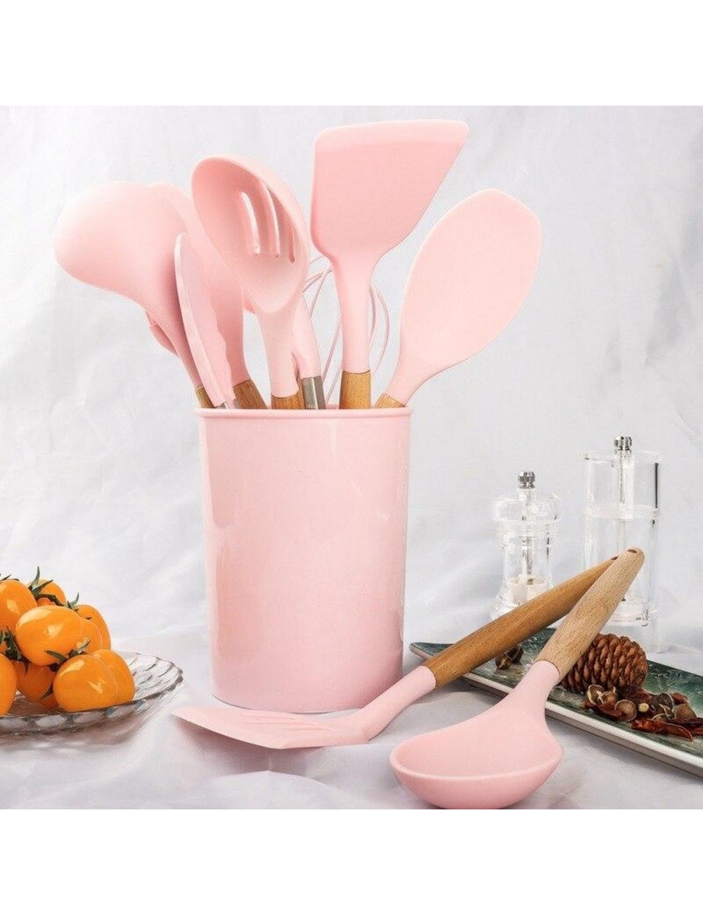 Set 12 Utensilios De Cocina Silicona Resistente Calor Rosa