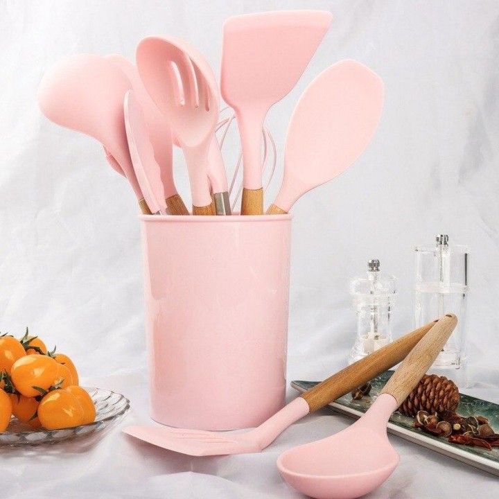 Set 12 Utensilios De Cocina Silicona Resistente Calor Rosa