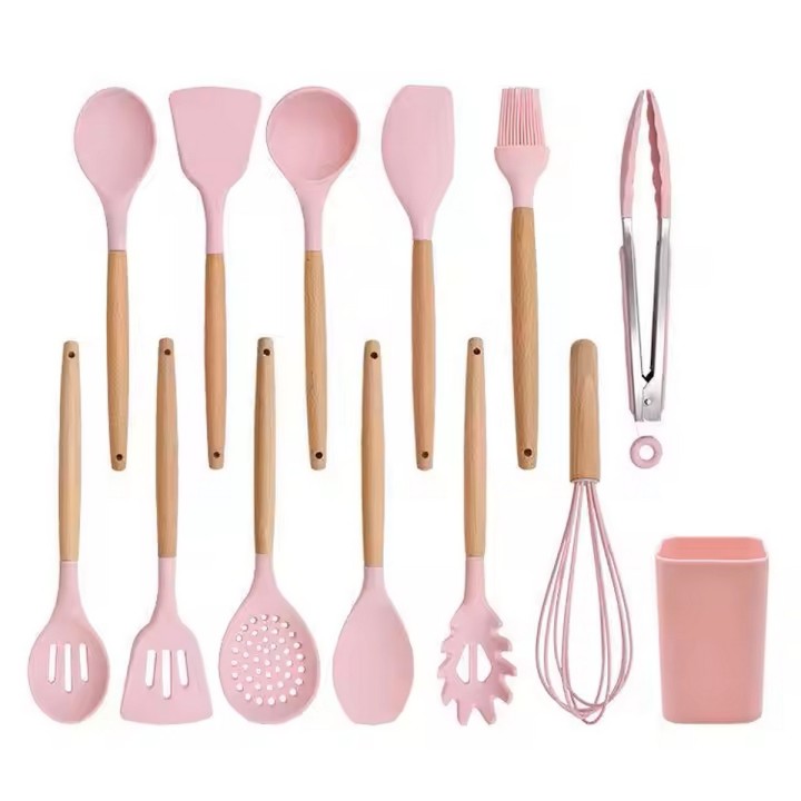 Set 12 Utensilios De Cocina Silicona Resistente Calor Rosa