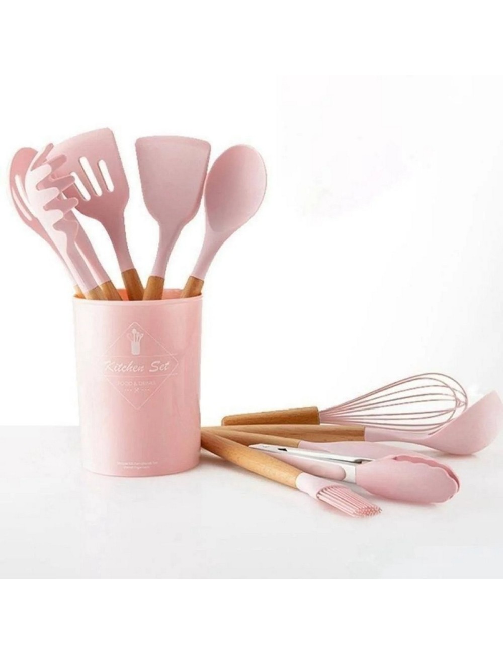 Set 12 Utensilios De Cocina Silicona Resistente Calor Rosa
