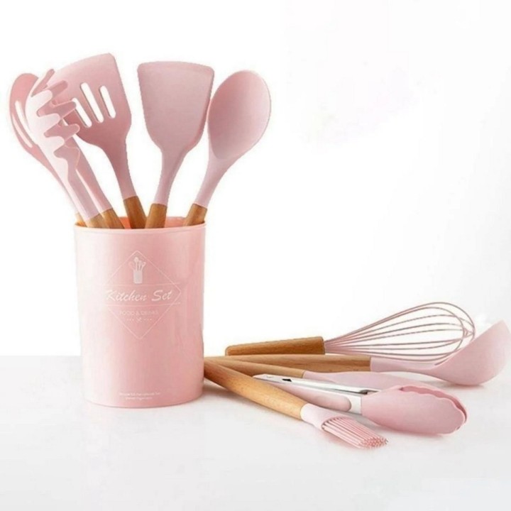Set 12 Utensilios De Cocina Silicona Resistente Calor Rosa