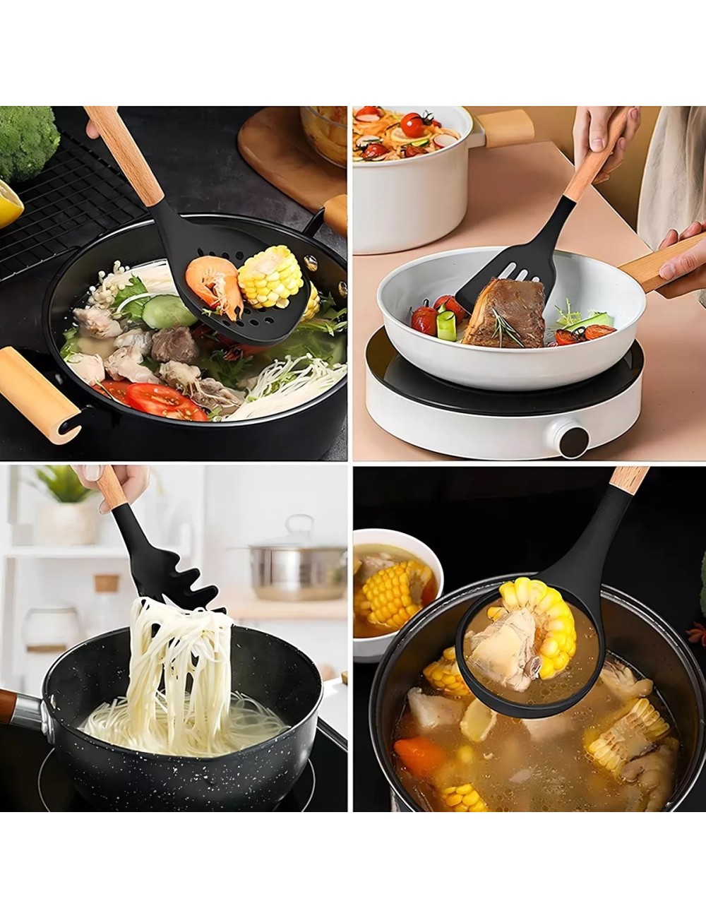 Set 12 Utensilios De Cocina Silicona Resistente Calor Negro