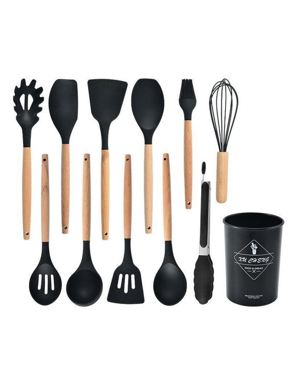 Set 12 Utensilios De Cocina Silicona Resistente Calor Negro