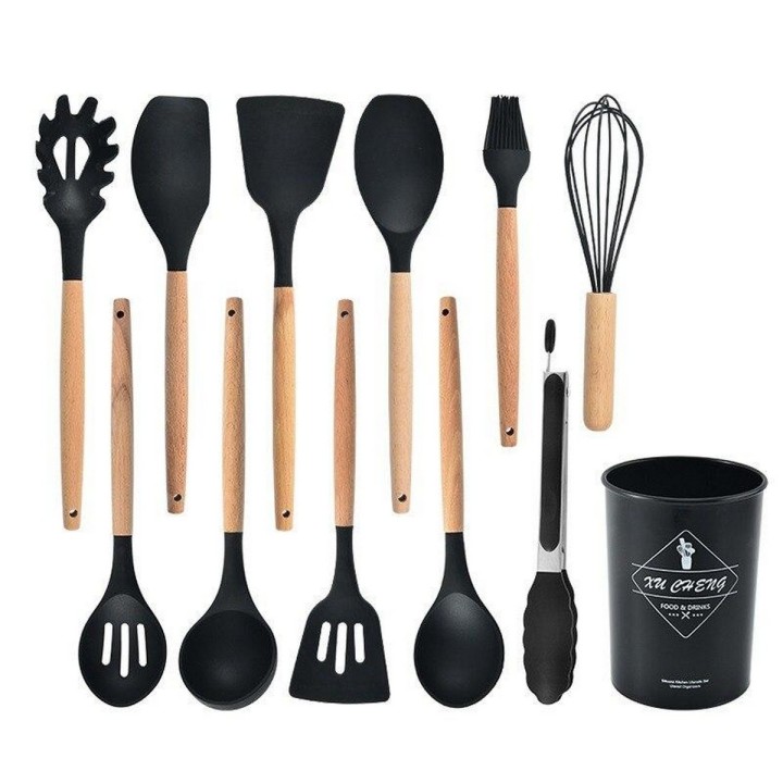Set 12 Utensilios De Cocina Silicona Resistente Calor Negro
