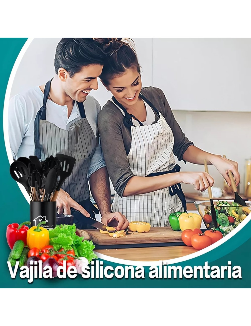 Set 12 Utensilios De Cocina Silicona Resistente Calor Negro