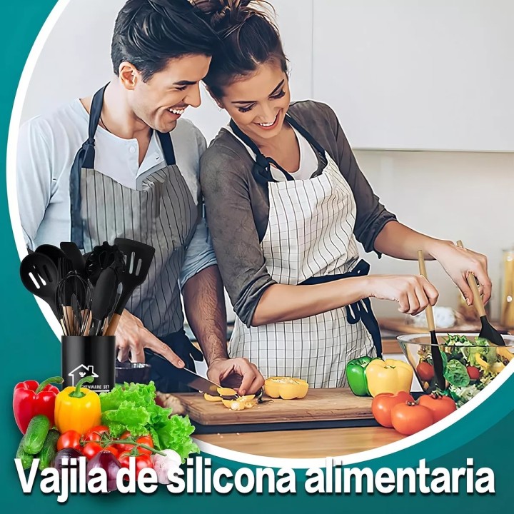 Set 12 Utensilios De Cocina Silicona Resistente Calor Negro