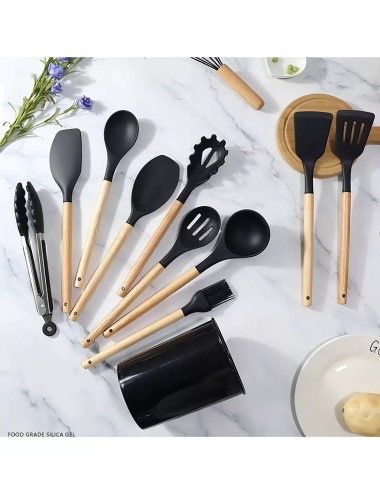 Set 12 Utensilios De Cocina Silicona Resistente Calor Negro