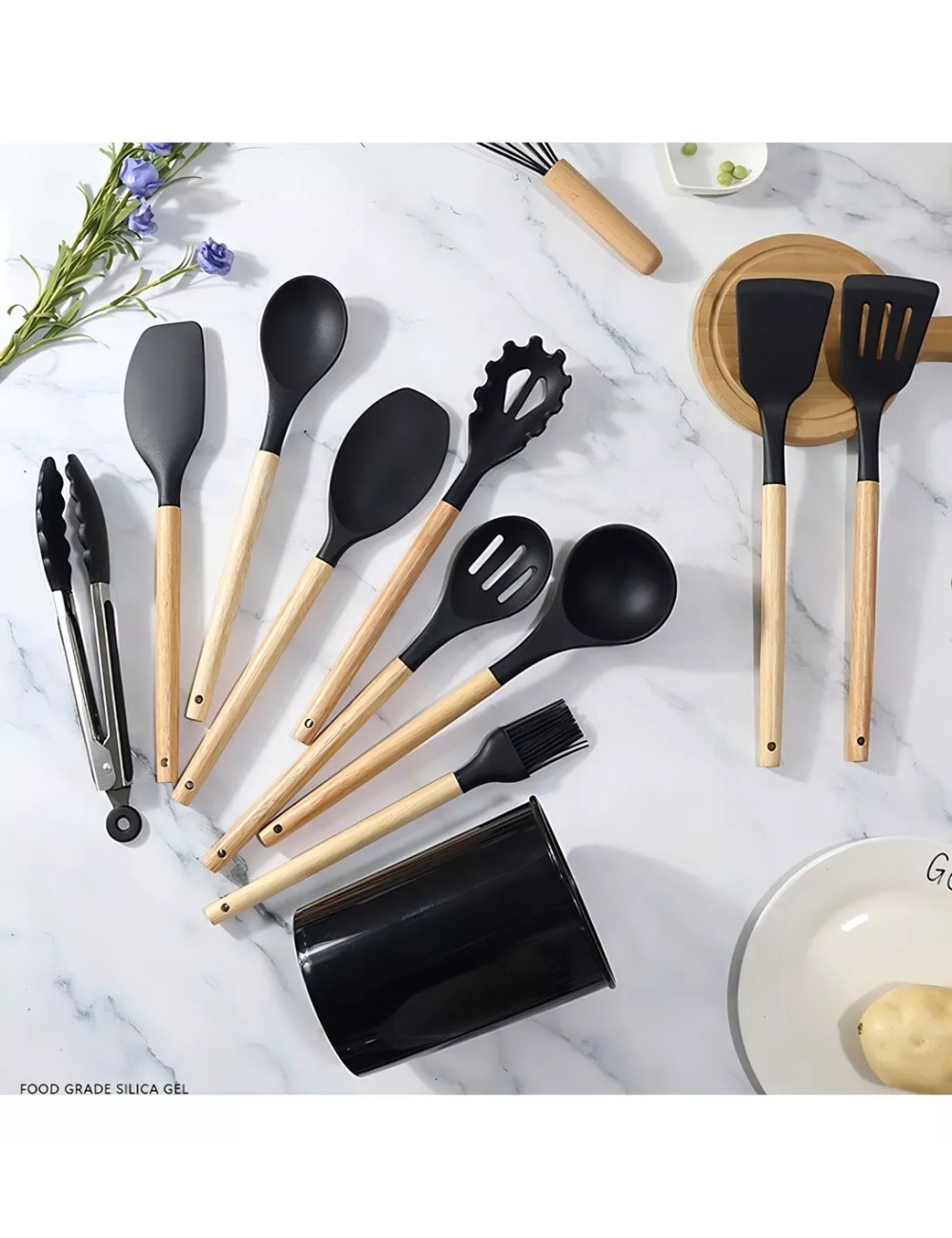 Set 12 Utensilios De Cocina Silicona Resistente Calor Negro