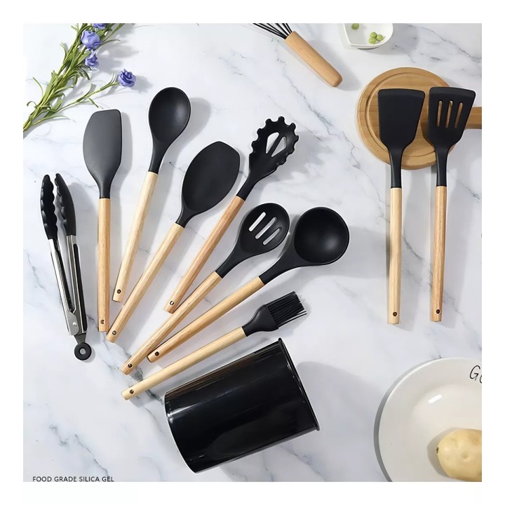 Set 12 Utensilios De Cocina Silicona Resistente Calor Negro