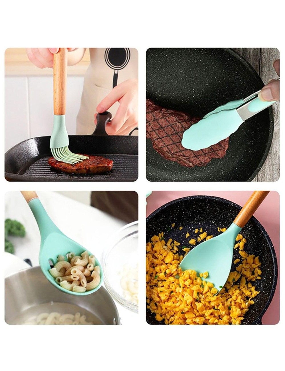 Set 12 Utensilios Cocina Silicona Resistente Calor Turquesa