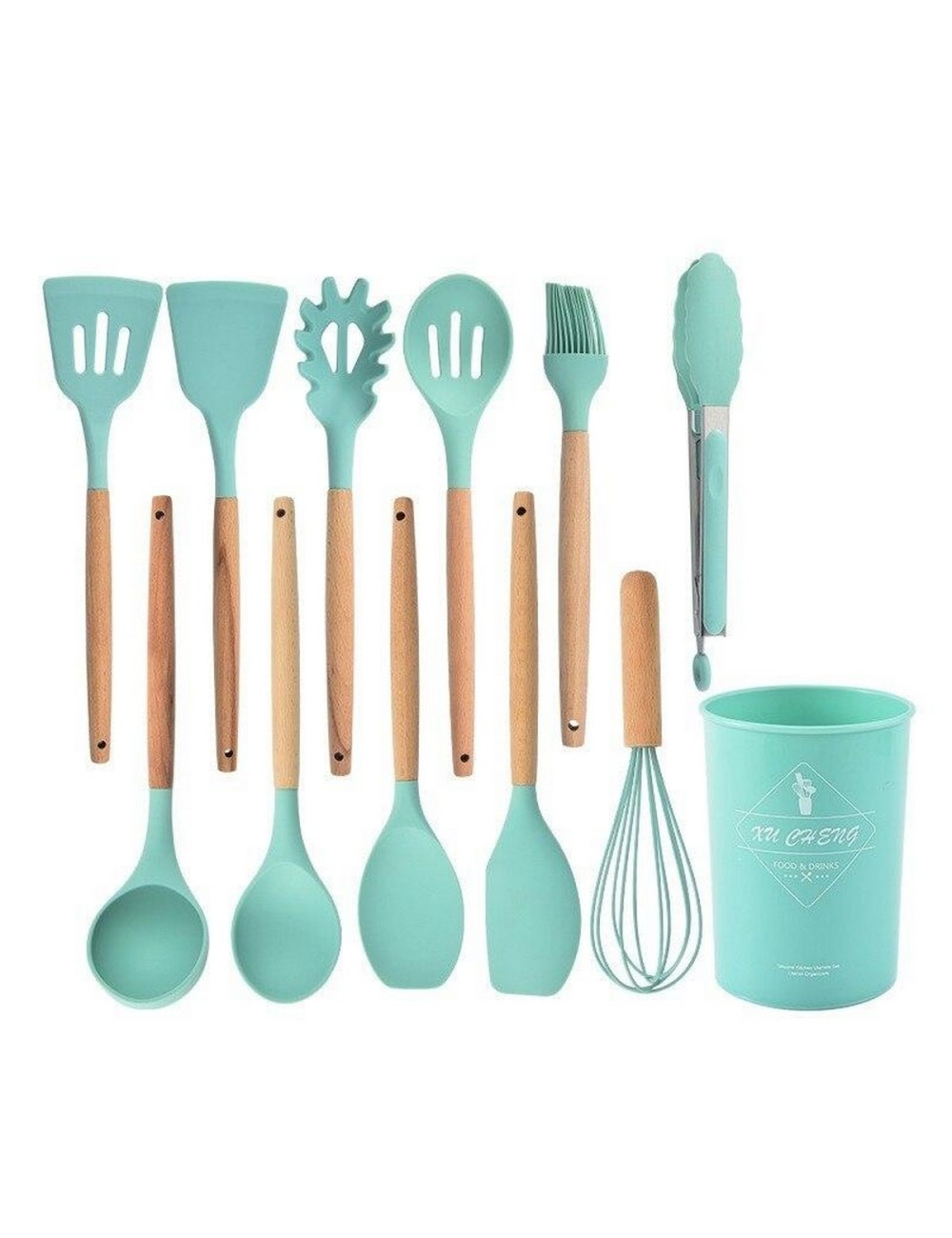Set 12 Utensilios Cocina Silicona Resistente Calor Turquesa