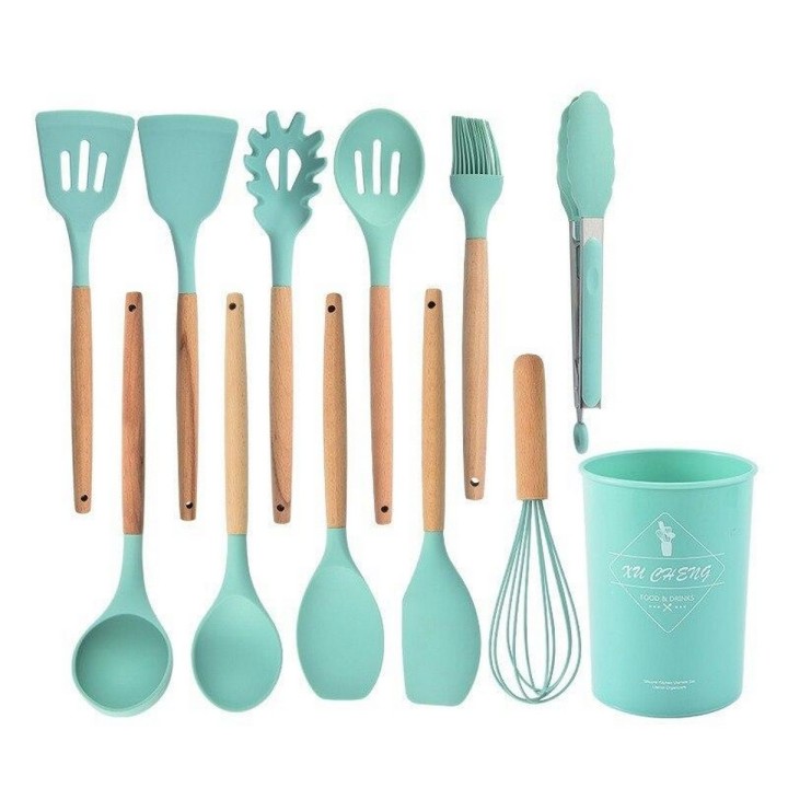 Set 12 Utensilios Cocina Silicona Resistente Calor Turquesa
