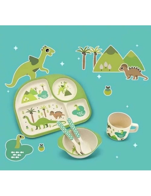 Set Vajilla Platos Cubiertos Dinosaurio Bebe Infantil X 5pc