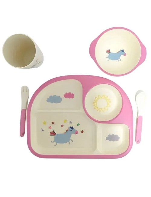 Set Vajilla Platos Cubiertos Unicornio Bebe Infantil X 5pc