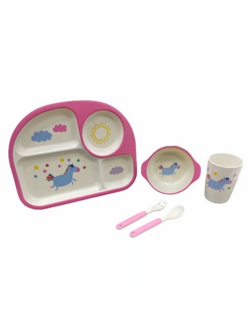 Set Vajilla Platos Cubiertos Unicornio Bebe Infantil X 5pc