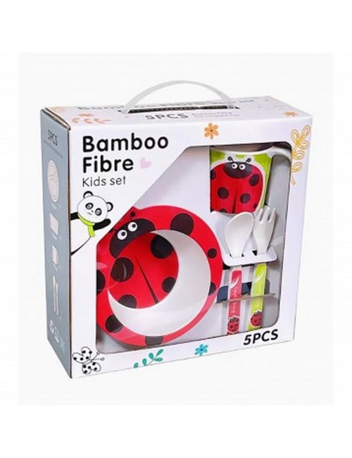 Set Alimentación Bebe Plato Cubiertos Taza Bamboo Mariquita