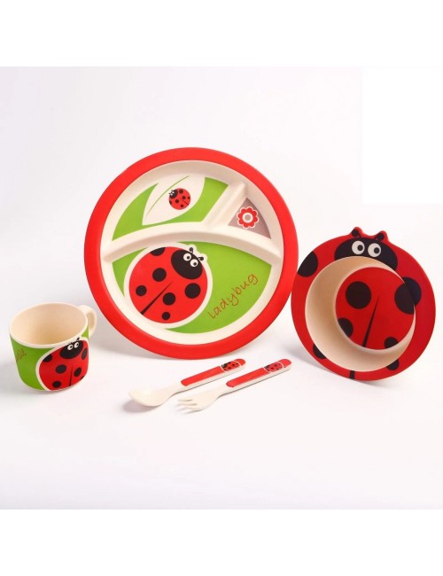 Set Alimentación Bebe Plato Cubiertos Taza Bamboo Mariquita
