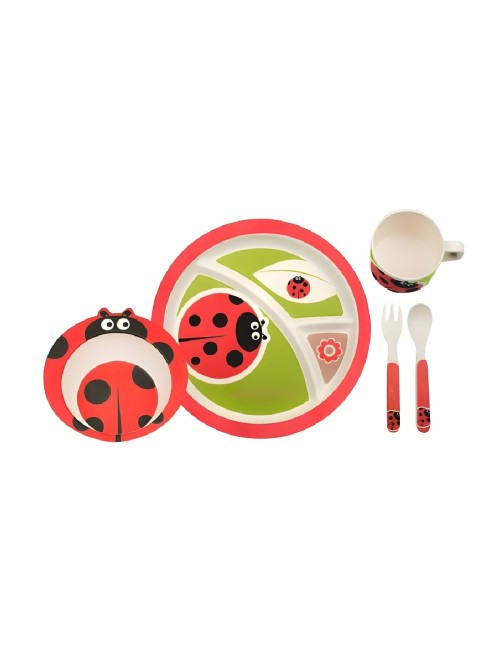 Set Alimentación Bebe Plato Cubiertos Taza Bamboo Mariquita