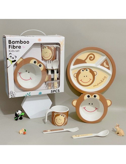 Set Alimentación Bebe Plato Cubiertos Taza Bamboo Mono