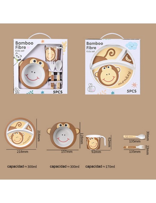 Set Alimentación Bebe Plato Cubiertos Taza Bamboo Mono
