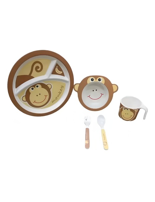 Set Alimentación Bebe Plato Cubiertos Taza Bamboo Mono