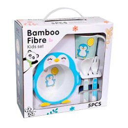 Set Alimentación Bebe Plato Cubiertos Taza Bamboo Pinguino