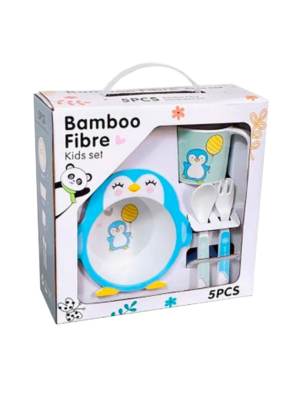 Set Alimentación Bebe Plato Cubiertos Taza Bamboo Pinguino