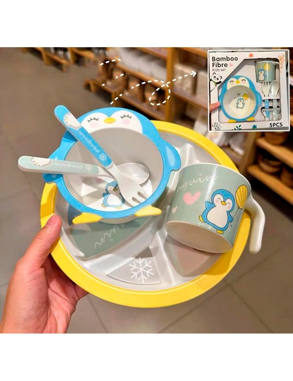 Set Alimentación Bebe Plato Cubiertos Taza Bamboo Pinguino