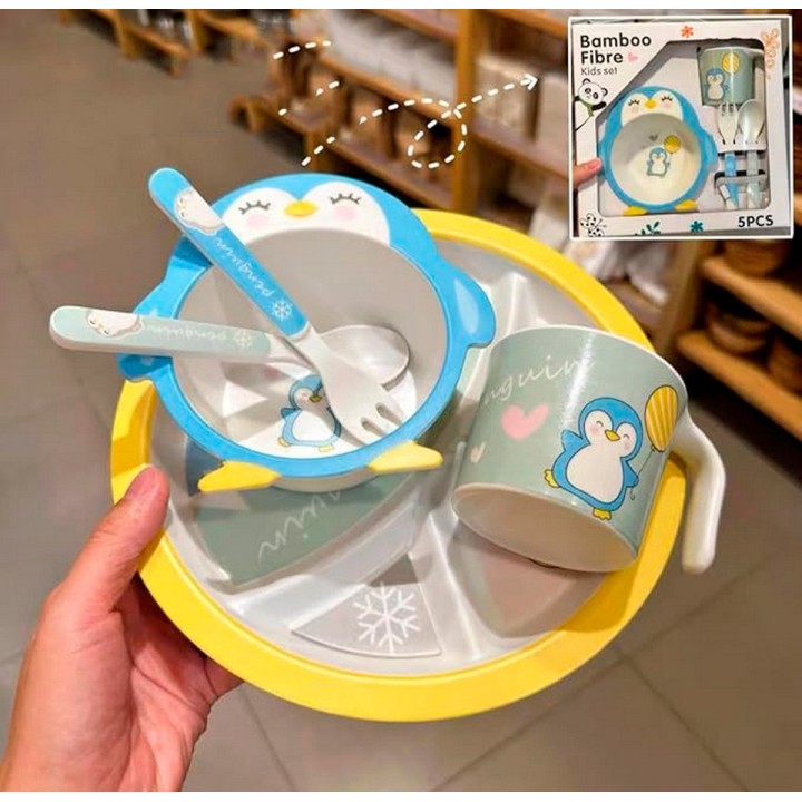 Set Alimentación Bebe Plato Cubiertos Taza Bamboo Pinguino