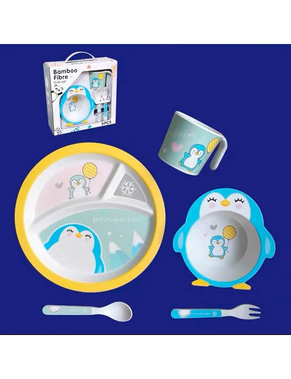 Set Alimentación Bebe Plato Cubiertos Taza Bamboo Pinguino