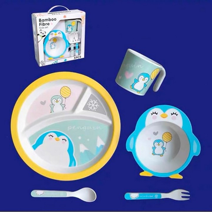 Set Alimentación Bebe Plato Cubiertos Taza Bamboo Pinguino