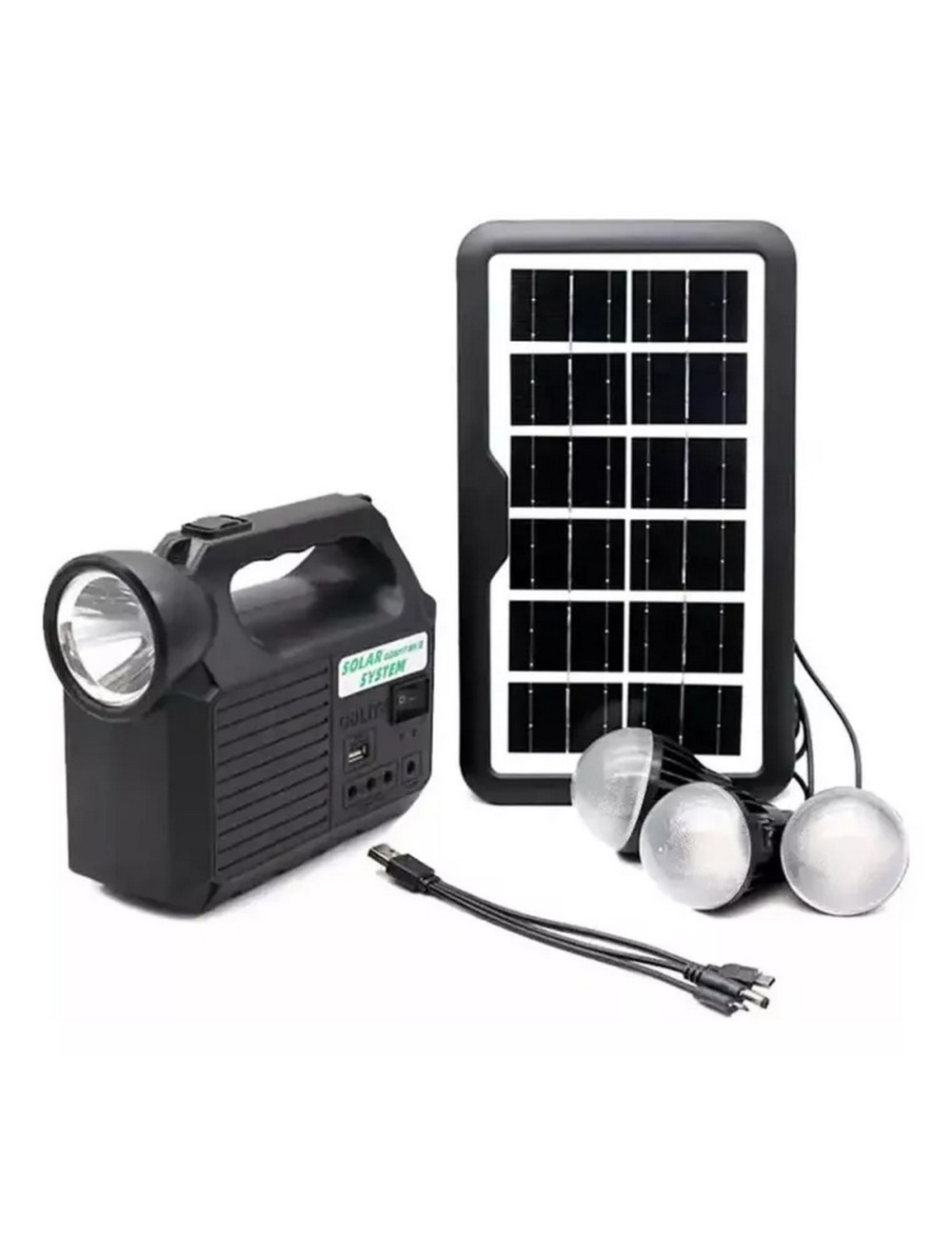 Kit Lampara Panel Solar Linterna + 3 Bombillas Usb Gd 8017mk