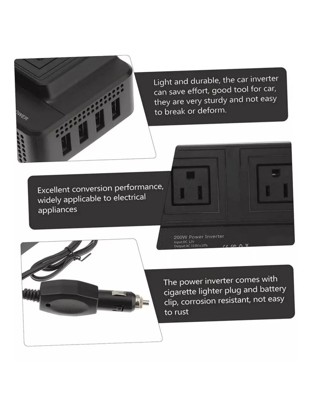Inversor Convertidor Portátil Multitoma Carro Usb 200w 110v