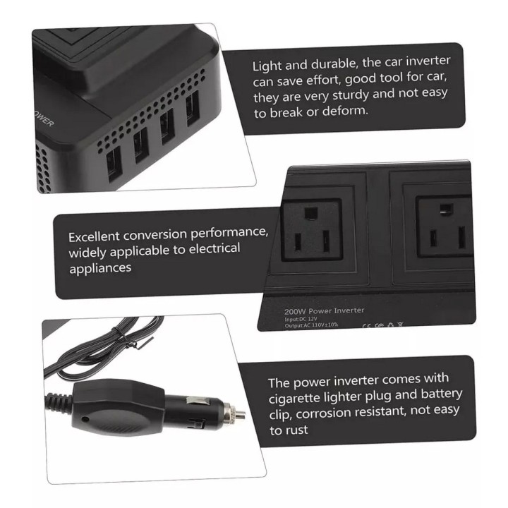 Inversor Convertidor Portátil Multitoma Carro Usb 200w 110v