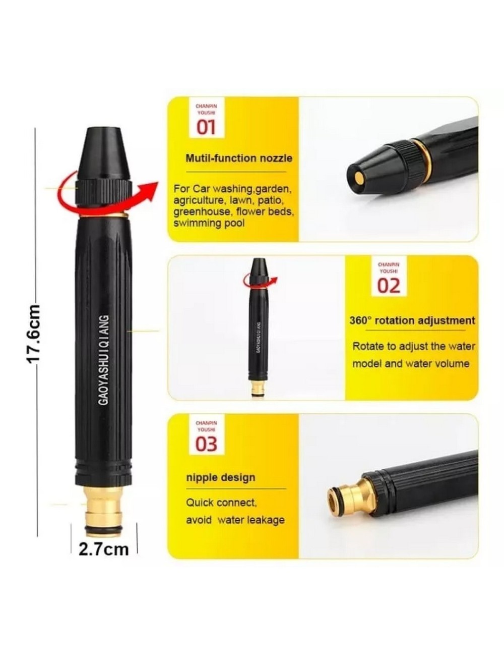 Pistola Boquilla Alta Presión Ajustable Ahorradora De Agua