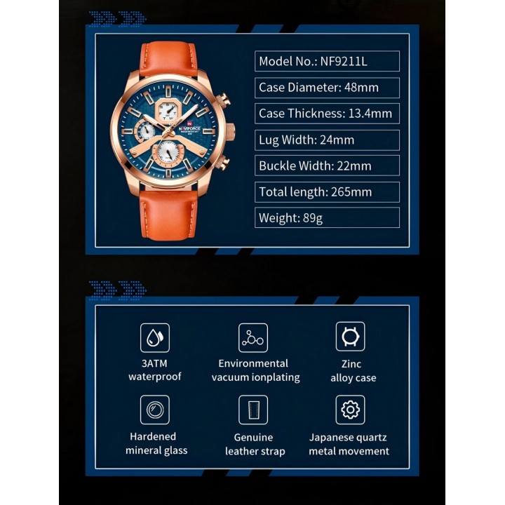 Reloj Naviforce Casual Nf9211l Cuero Hombre + Estuche