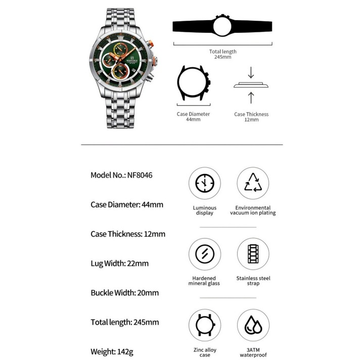 Reloj Naviforce Casual Nf8046 Crono Hombre Acero+ Estuche
