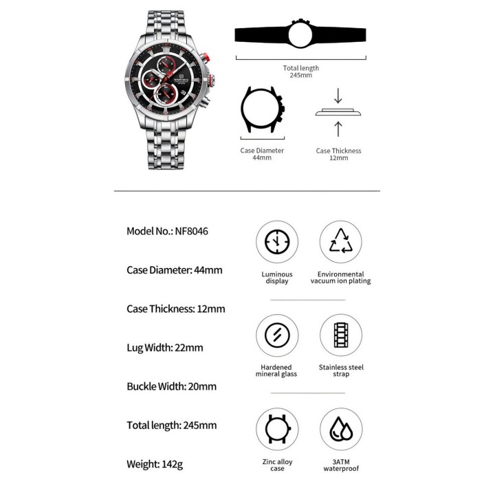 Reloj Naviforce Casual Nf8046 Crono Hombre Acero+ Estuche