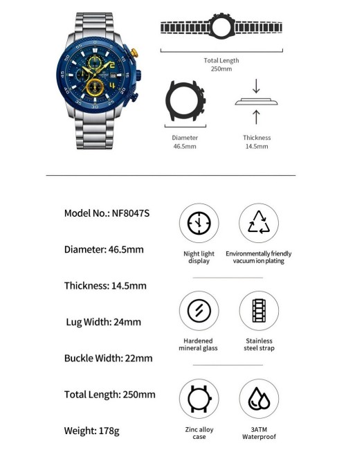 Reloj Naviforce Casual Nf8047s Crono Hombre Acero+ Estuche