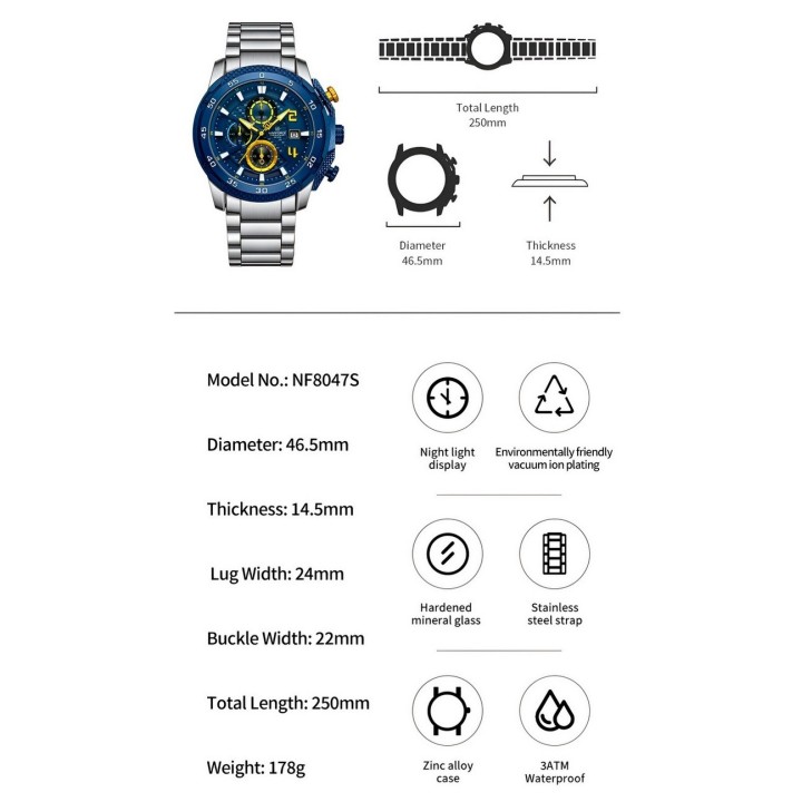 Reloj Naviforce Casual Nf8047s Crono Hombre Acero+ Estuche