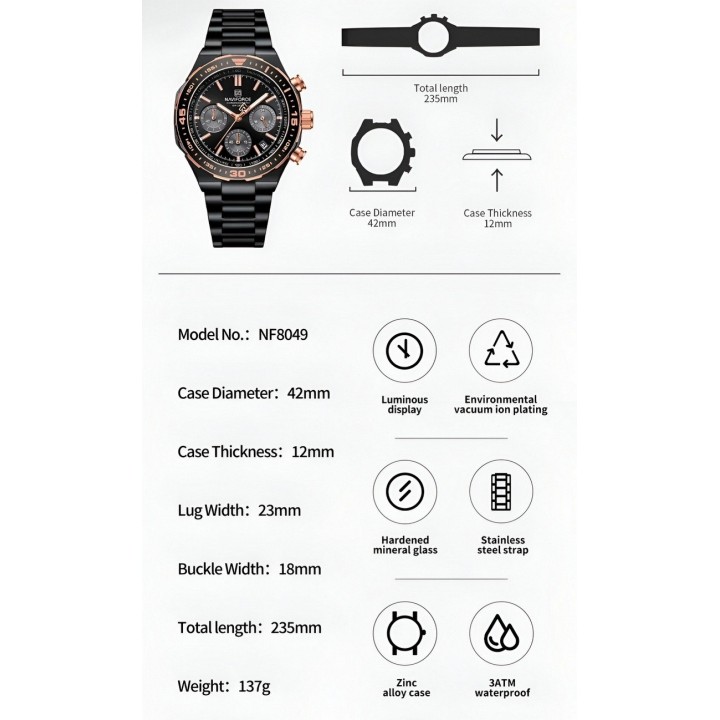 Reloj Naviforce Casual Nf8049 Crono Hombre Acero+ Estuche