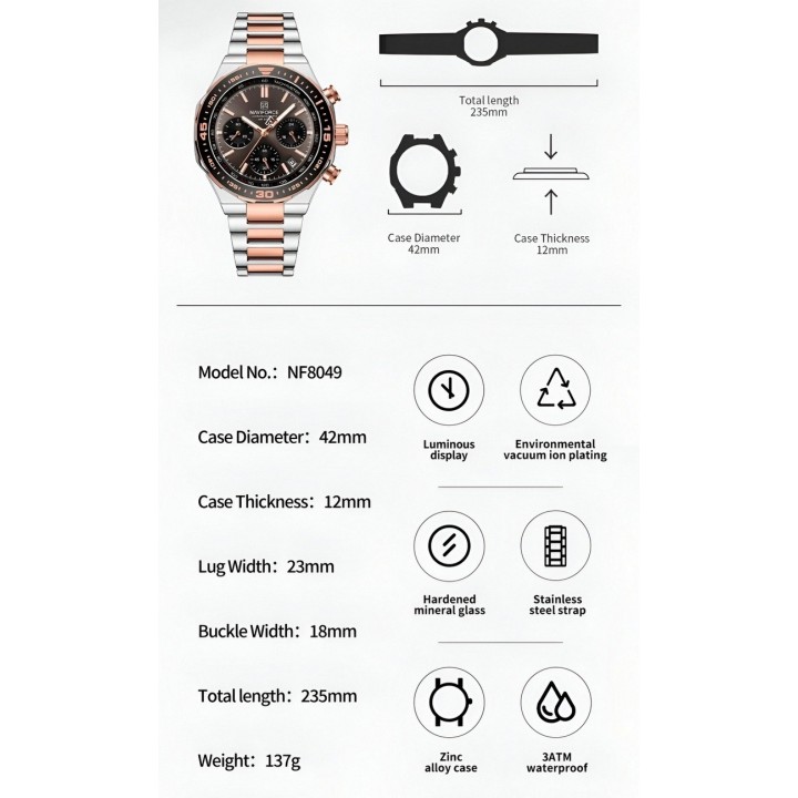 Reloj Naviforce Casual Nf8049 Crono Hombre Acero+ Estuche