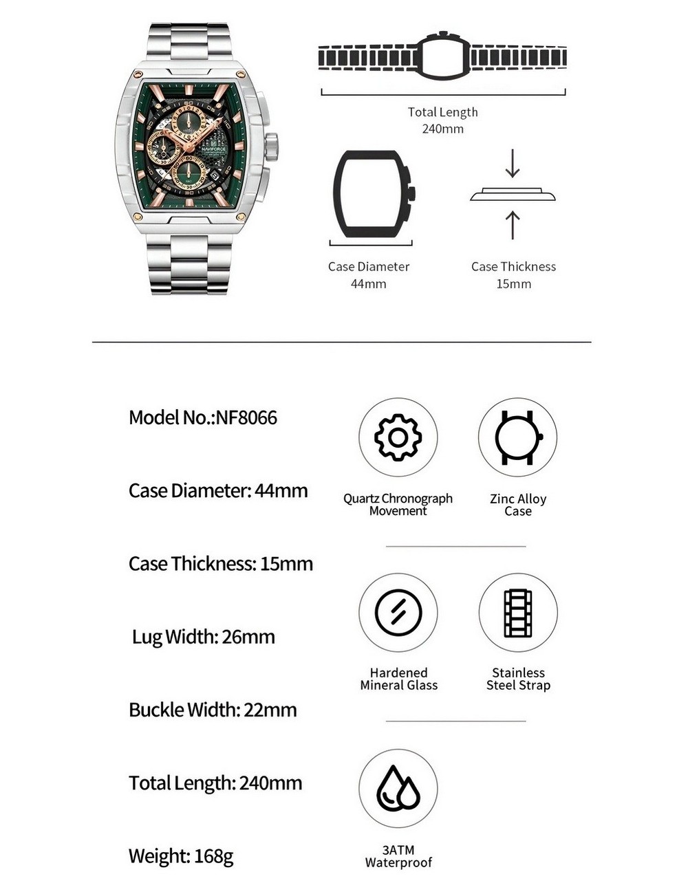 Reloj Naviforce Casual Nf8066 Crono Hombre Acero+ Estuche