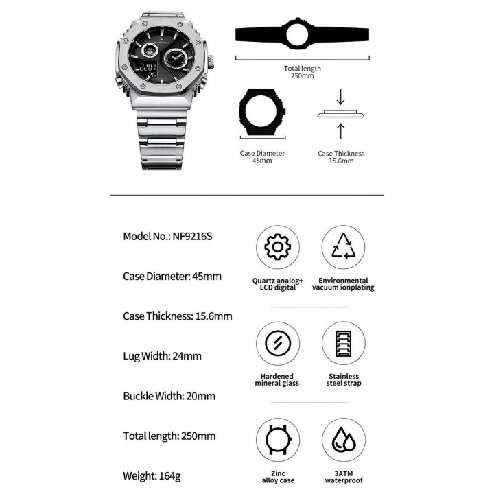 Reloj Naviforce Casual Nf9216s Digital Hombre Acero+ Estuche