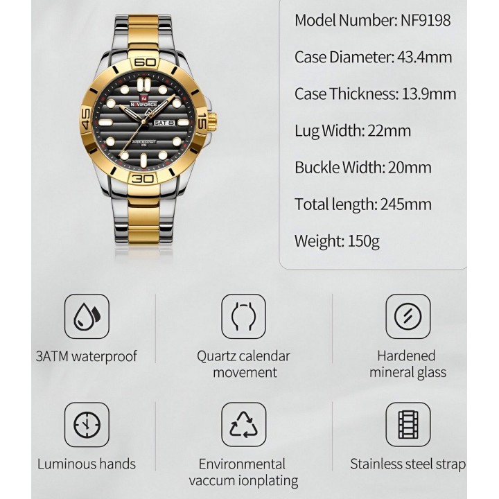 Reloj Naviforce Casual Nf9198 Crono Hombre Acero+ Estuche